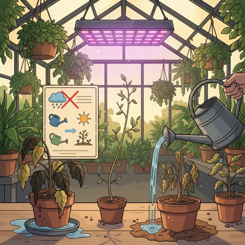A series of common plant failures with simple fix labels: overwatering, wrong light, bad soil