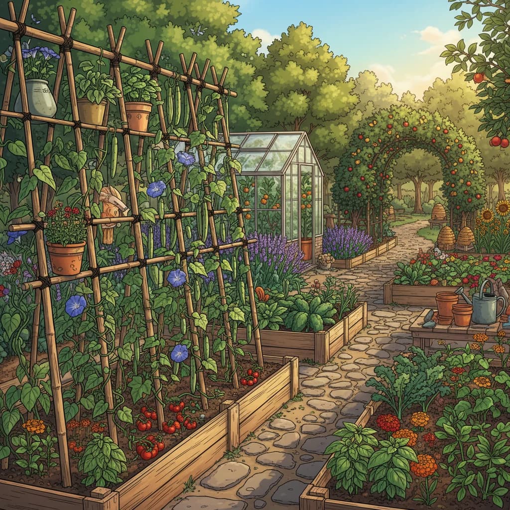 A thriving diverse garden showing the result of knowledge, not talent — the earned green thumb