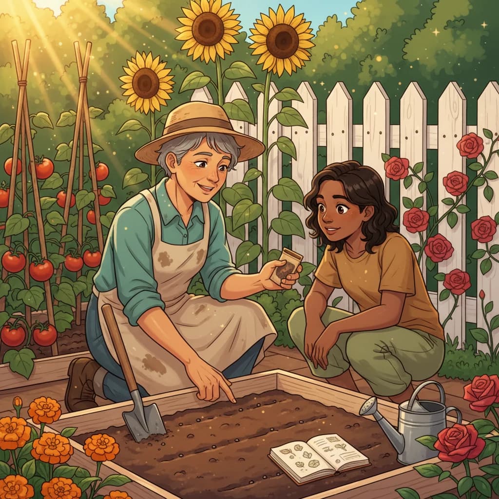 A freshly prepared garden bed with spade and seed packet — the quiet setup of a teaching moment