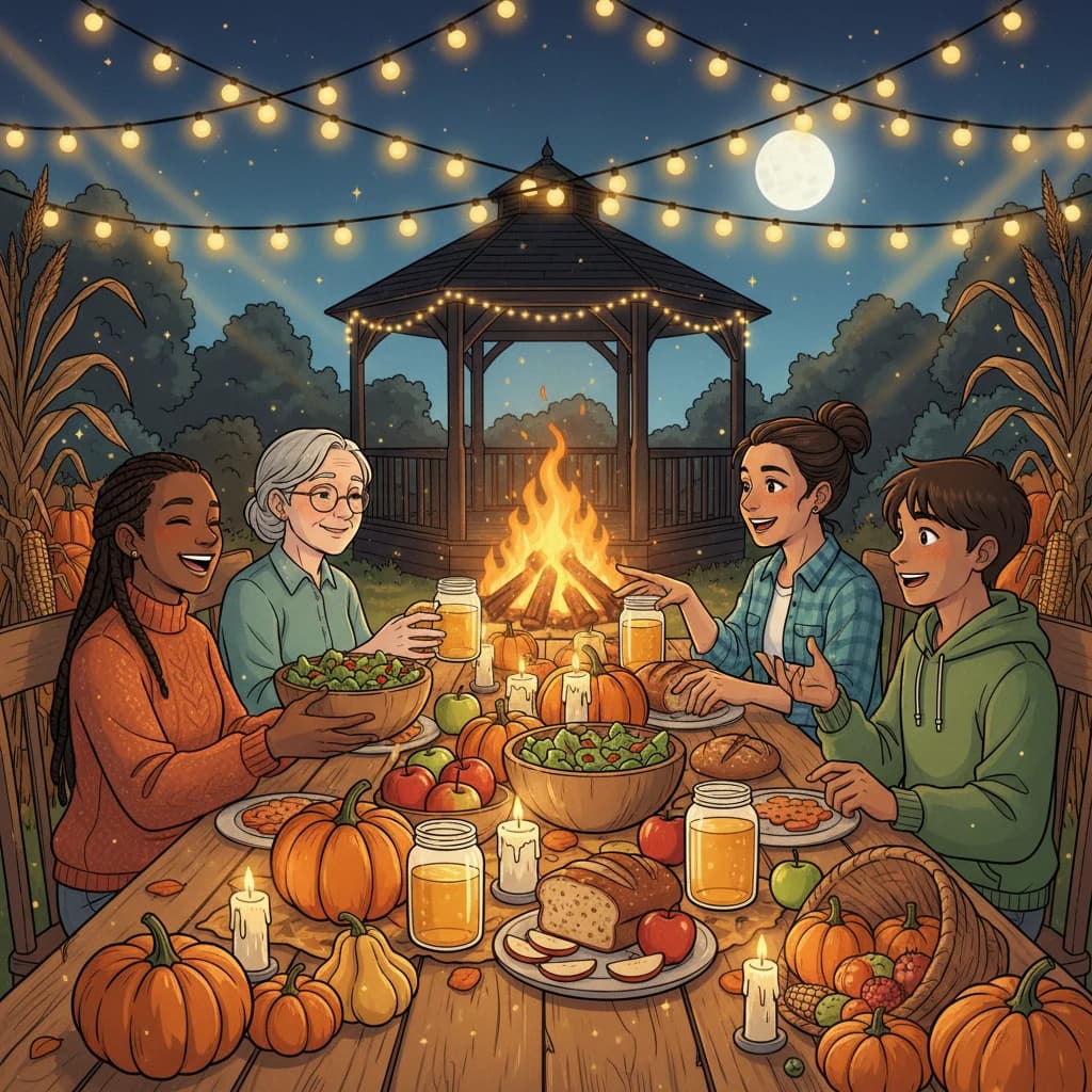 A community harvest festival — people gathered around tables of shared food from local gardens