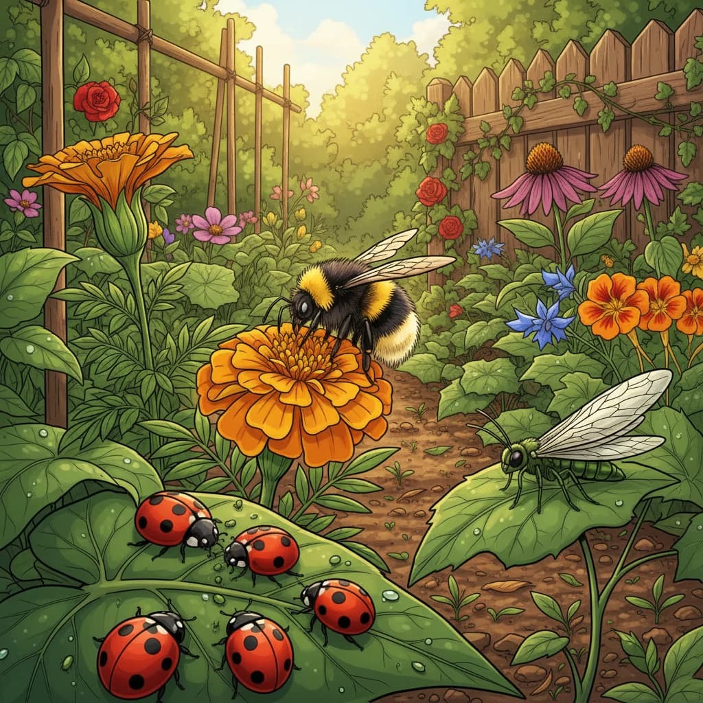 Beneficial insects like ladybugs and lacewings alongside companion plants