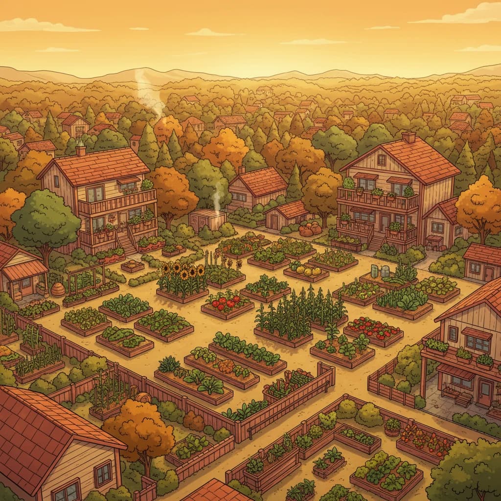 Aerial view of local gardens reducing food miles in a community
