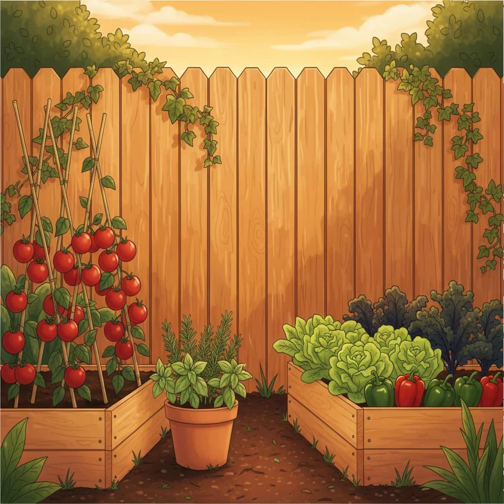 A diverse garden at peak harvest with different crops at various stages of readiness