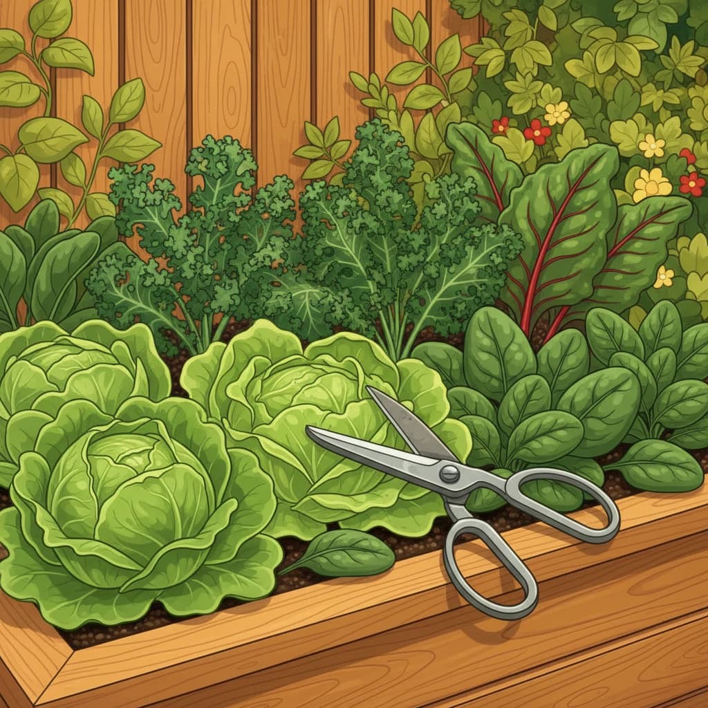 Leafy greens being harvested with scissors — outer leaves taken, center growing