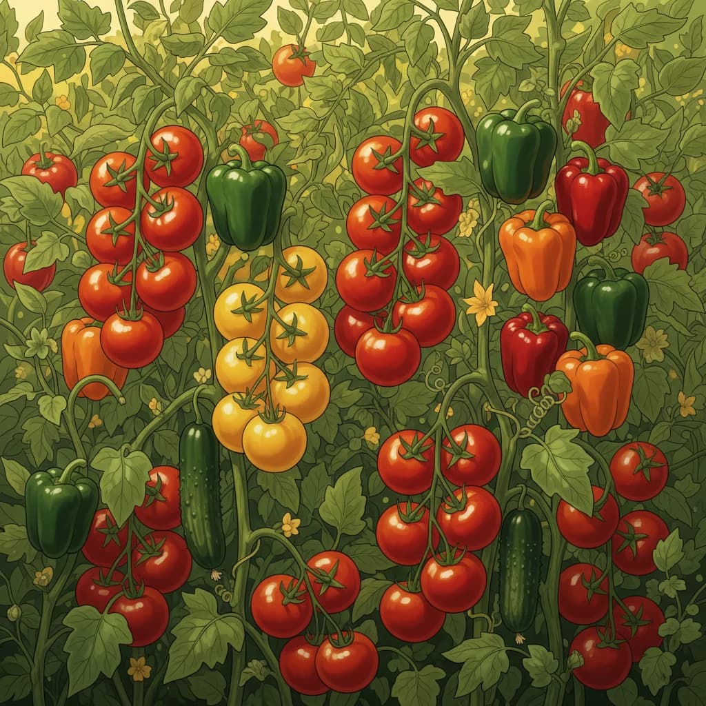 Ripe tomatoes peppers and cucumbers being carefully harvested from plants