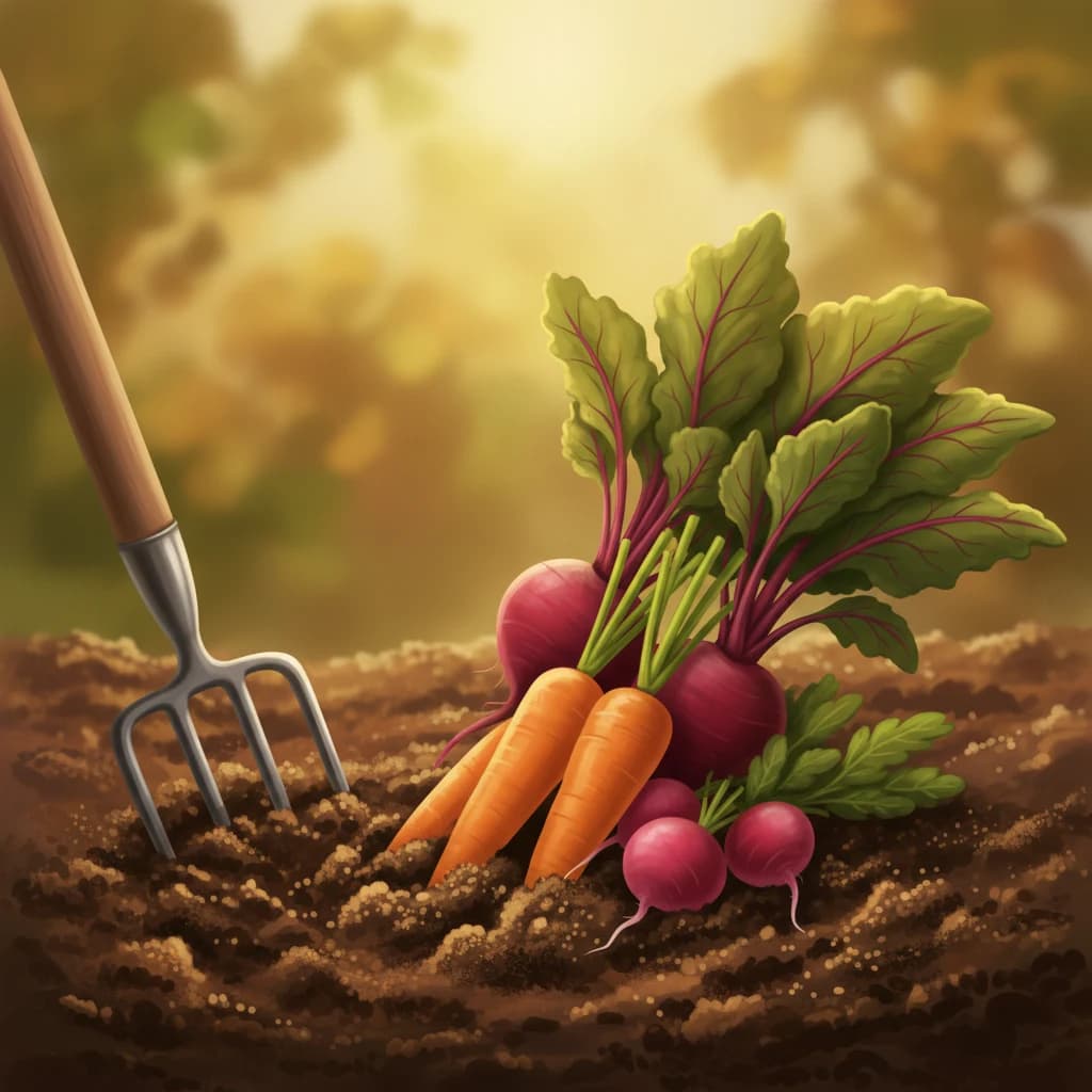 Root vegetables being carefully pulled from the soil — carrots beets radishes