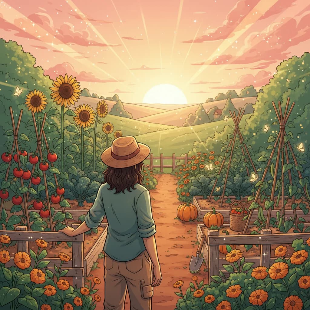 A grower standing in their flourishing garden at sunrise, looking forward with purpose
