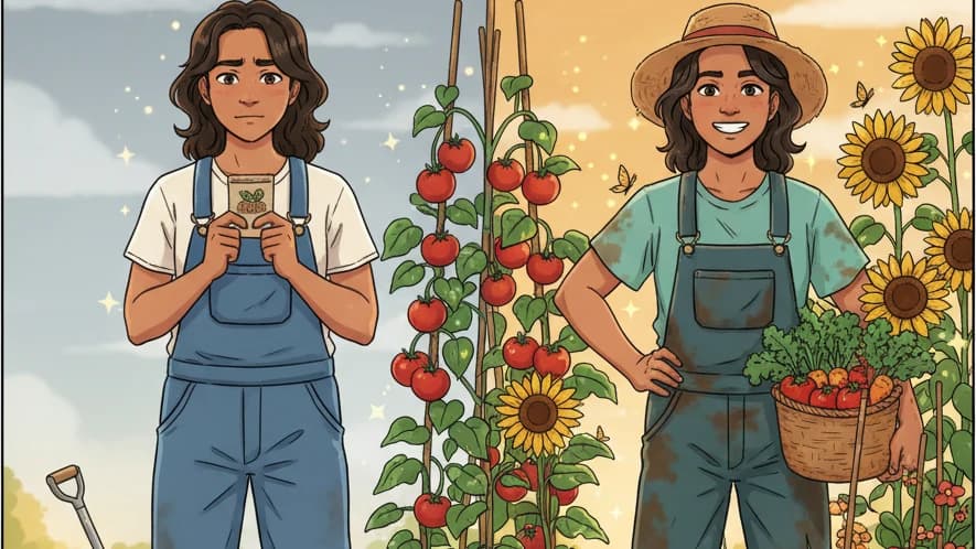 A transformation visual, from uncertain beginner to confident grower