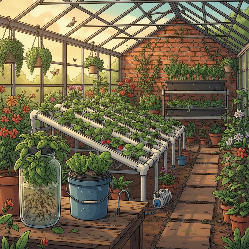 Different hydroponic system types shown side by side in a growing space