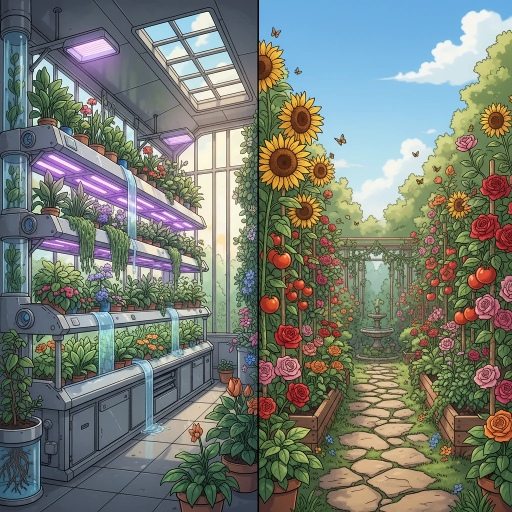 A balanced visual comparison of hydroponic and soil growing side by side