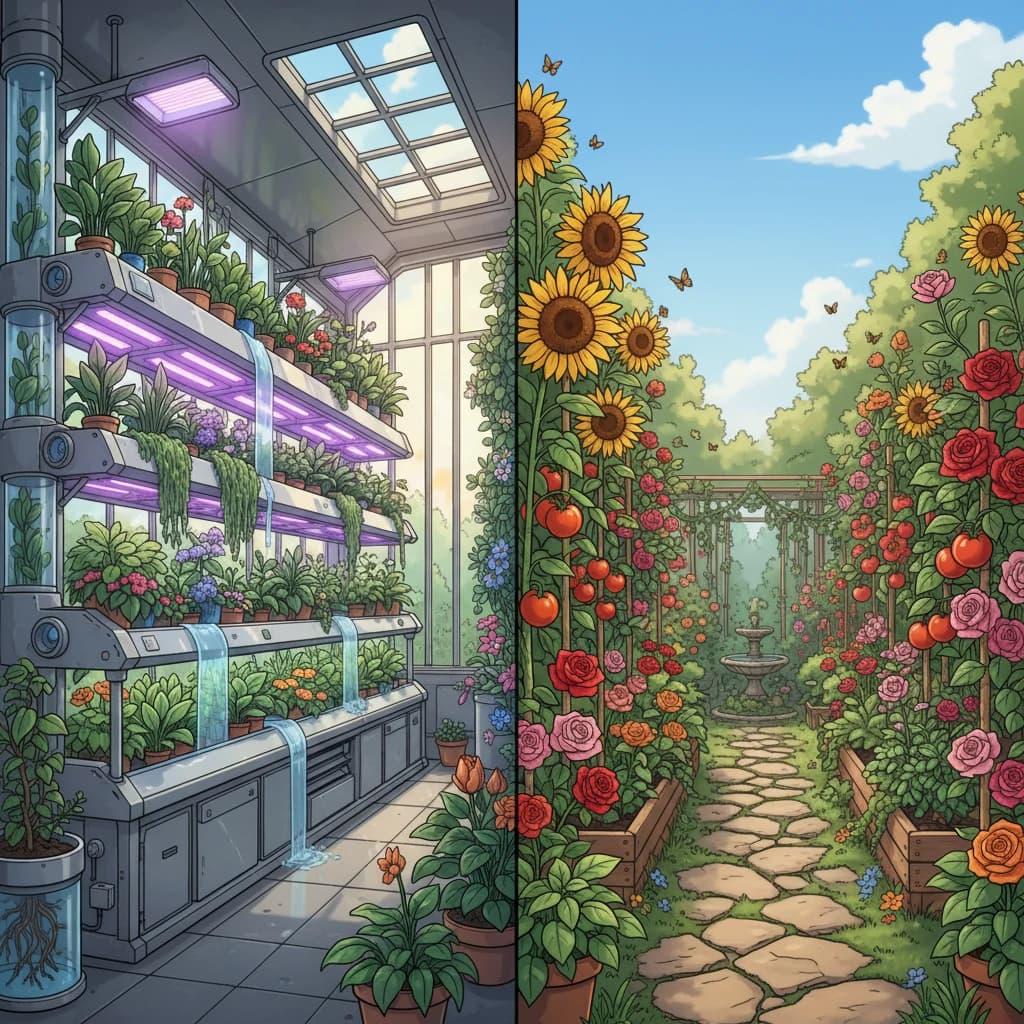 A balanced visual comparison of hydroponic and soil growing side by side