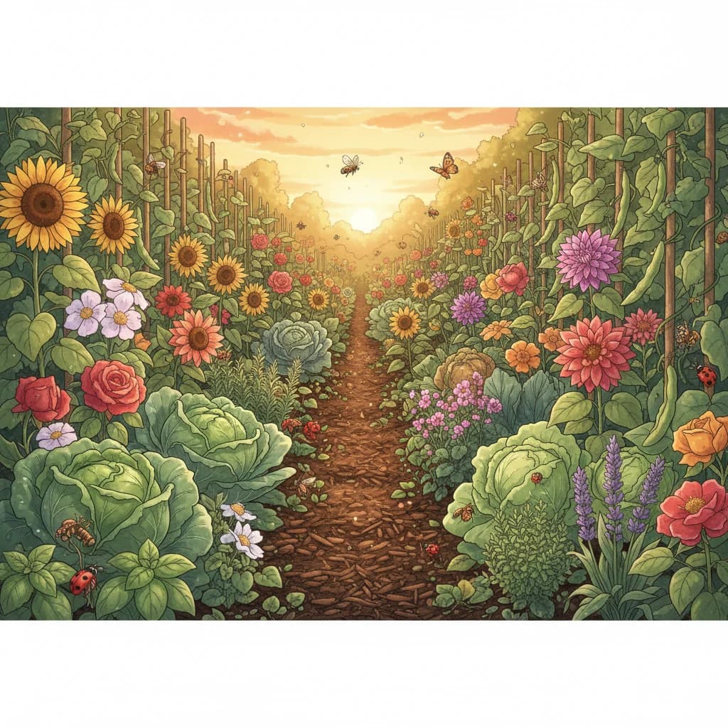 A natural garden in perfect balance — thriving plants, beneficial insects, and zero chemicals