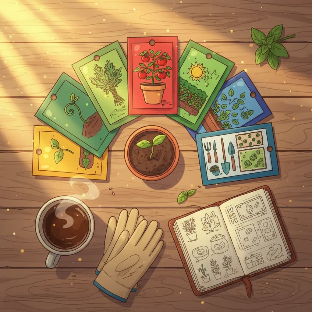 A flat-lay of seven seed packets fanned on a wooden table with a mug of tea, gardening journal, gloves, and a sprouting seedling
