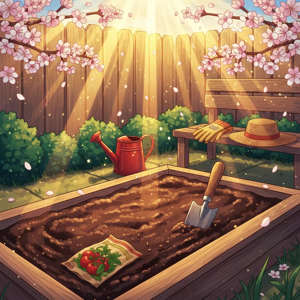A prepared garden bed with an open seed packet, a trowel in the soil, a watering can, and gloves on a bench — the moment before planting