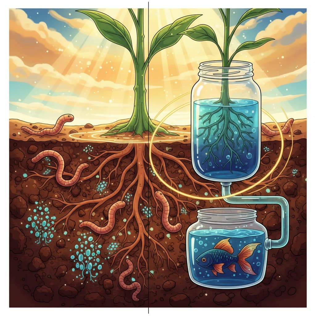 A cross-section illustration of living soil with roots, microorganisms, and compost all working together