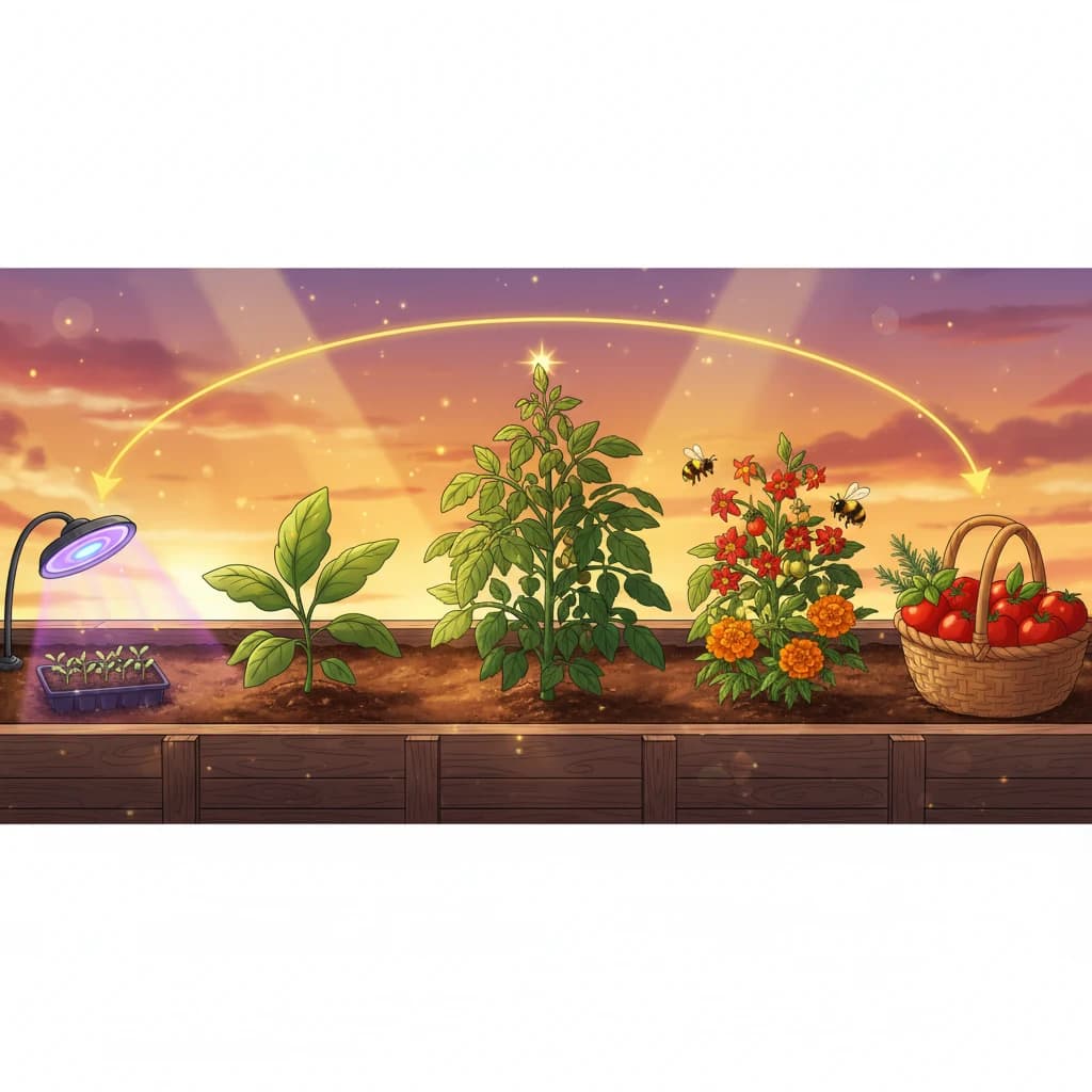 A left-to-right progression across the frame showing a plant's full season — seedling tray, transplant, mid-season pinch, flowering, harvest basket