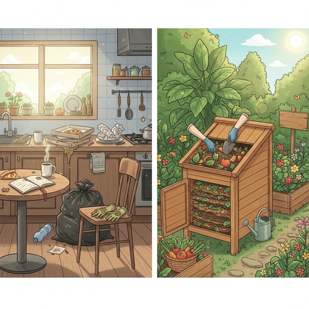 A side-by-side scene, left: a conventional kitchen with a trash bag full of
