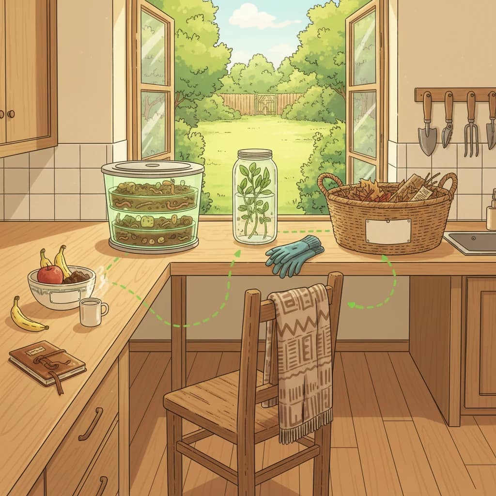 A kitchen with a clear path from food scraps to multiple destinations — a worm