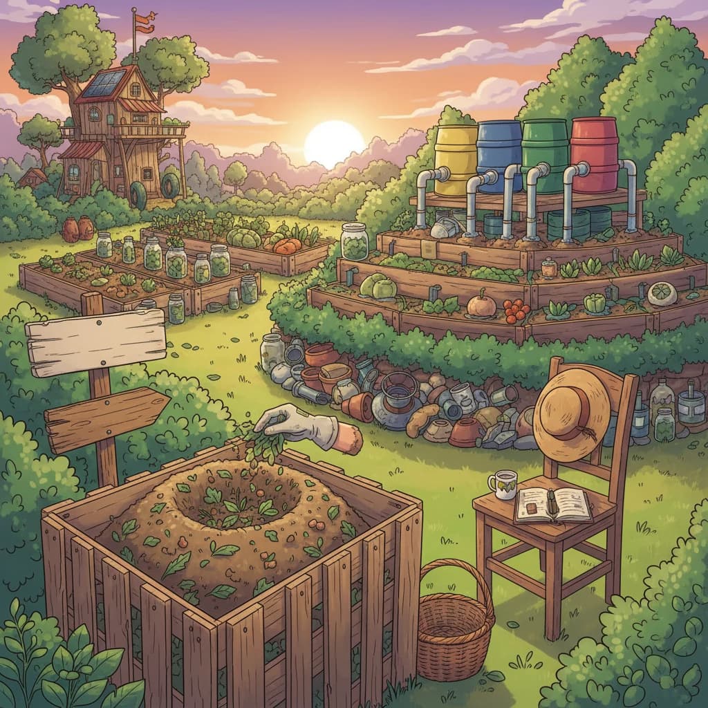 A garden where every "waste" has a destination — pulled weeds going into a