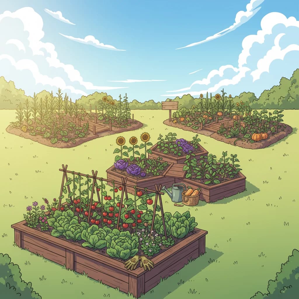 A comparison of three garden setups: a single 4x8 raised bed, three connected