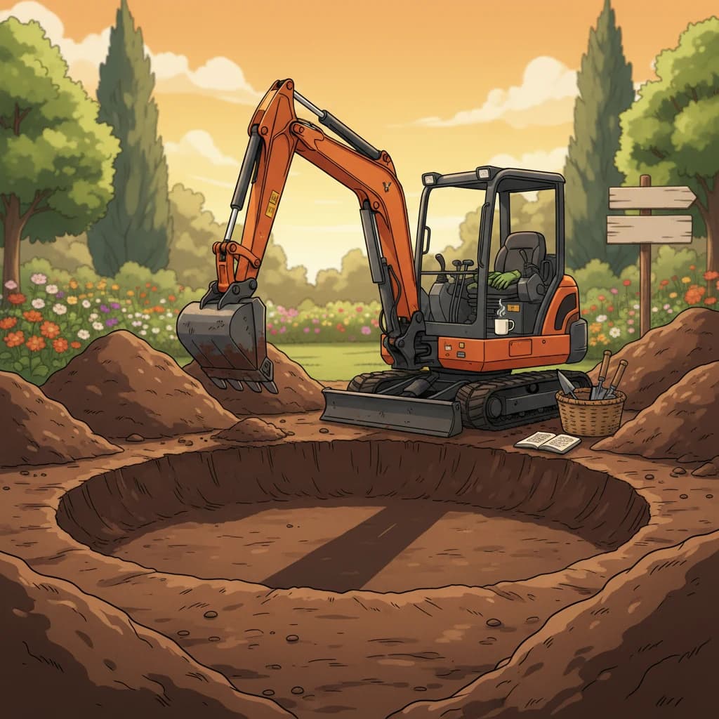 A scene of a contractor doing earthworks: a one-time pond excavation done with