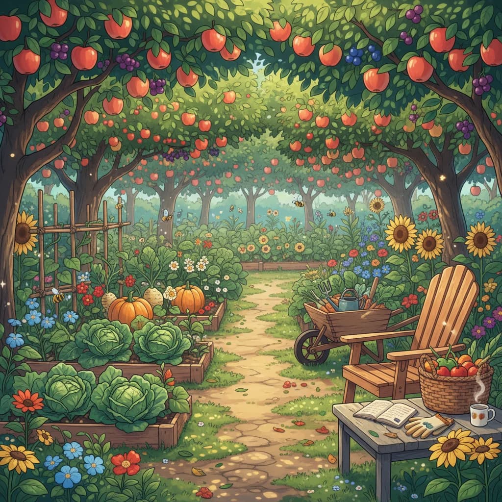 A garden five years into a small-and-slow approach: visibly mature, abundant
