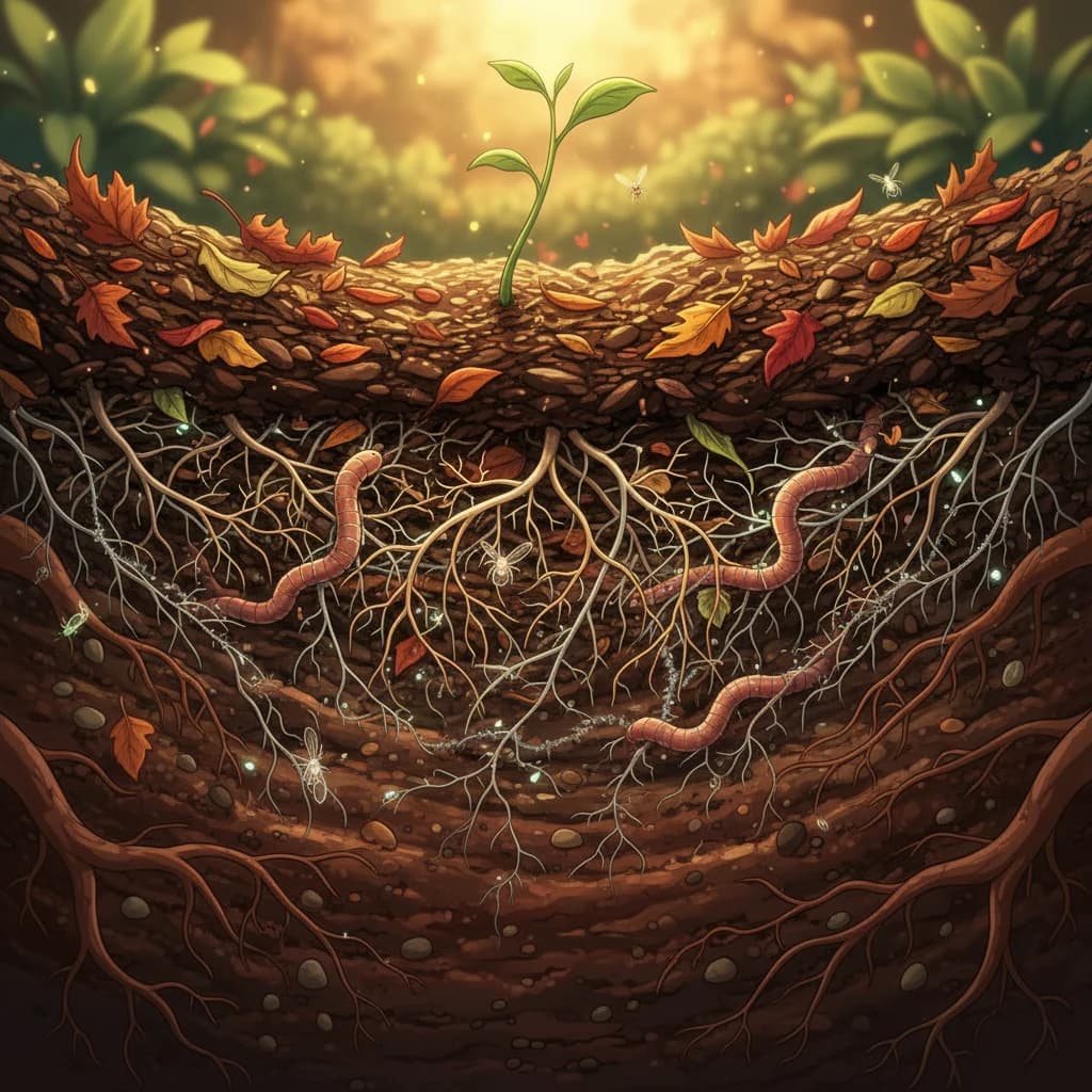 A close-up of healthy soil filled with worms, fine roots, and decomposing