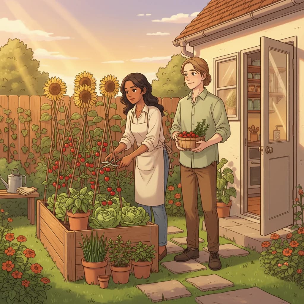 A back-door zone-1 garden — herbs, tomatoes, and marigolds at arm's reach from the kitchen, with a watering can and gloves on a bench ready to use