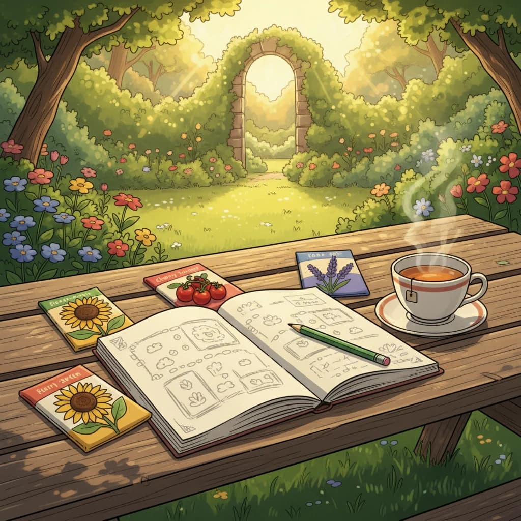A notebook with a garden plan sketch alongside seed packets