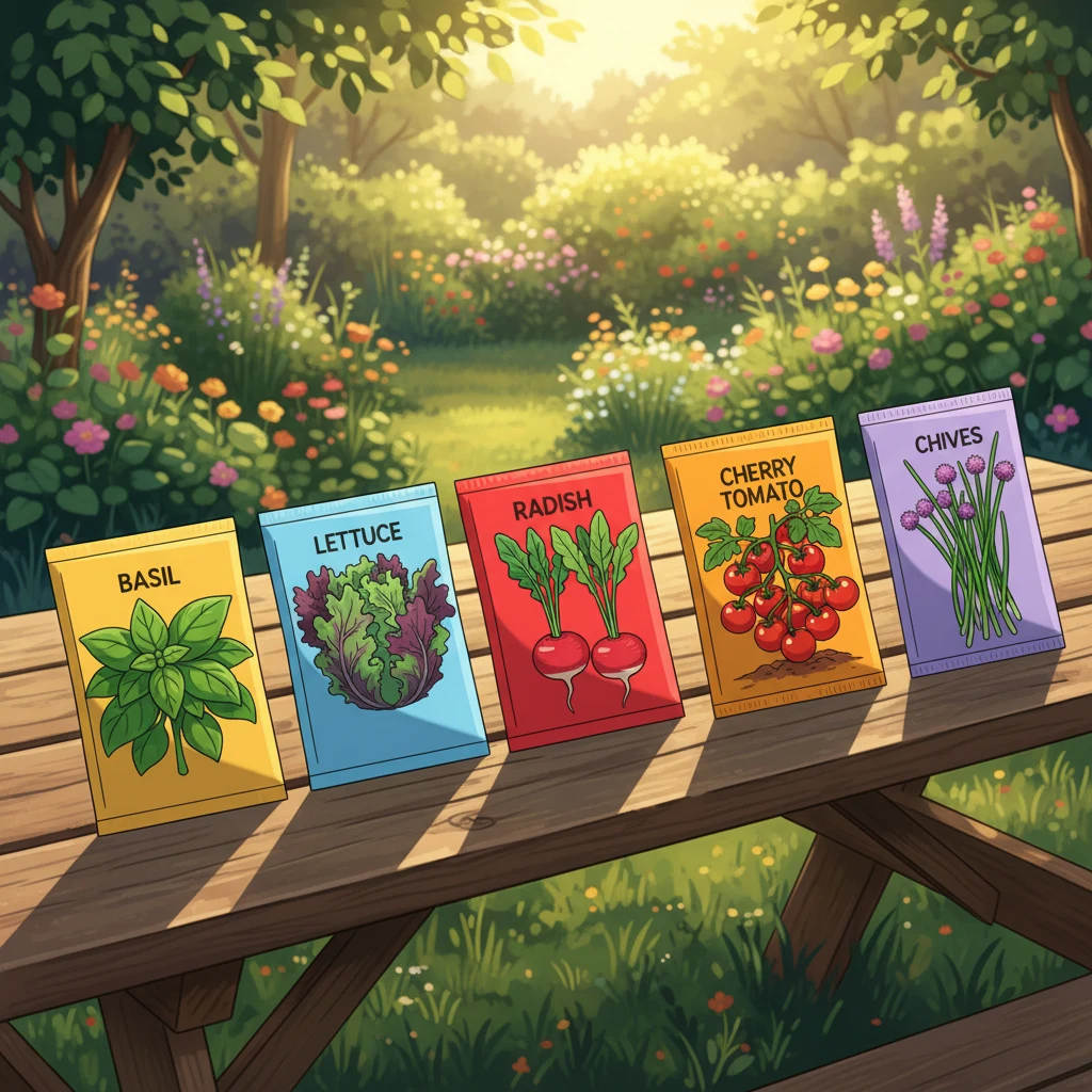 Seed packets for beginner-friendly plants: basil, lettuce, radish, tomato