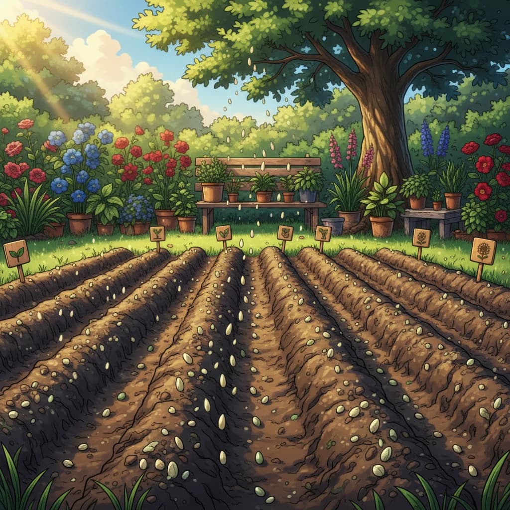 Hands planting seeds in prepared soil
