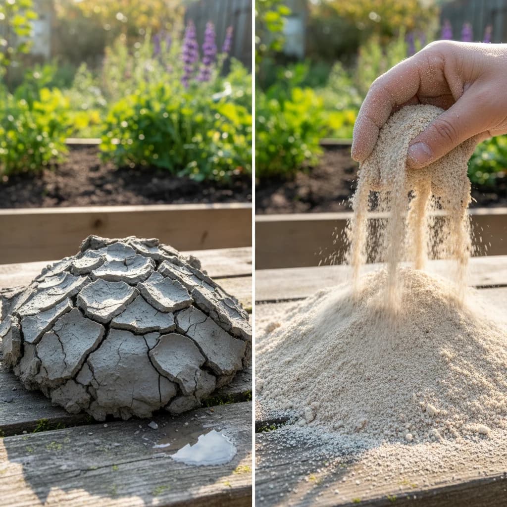 Gros plan côte à côte d'un sol argileux compacté et d'un sol sablonneux meuble