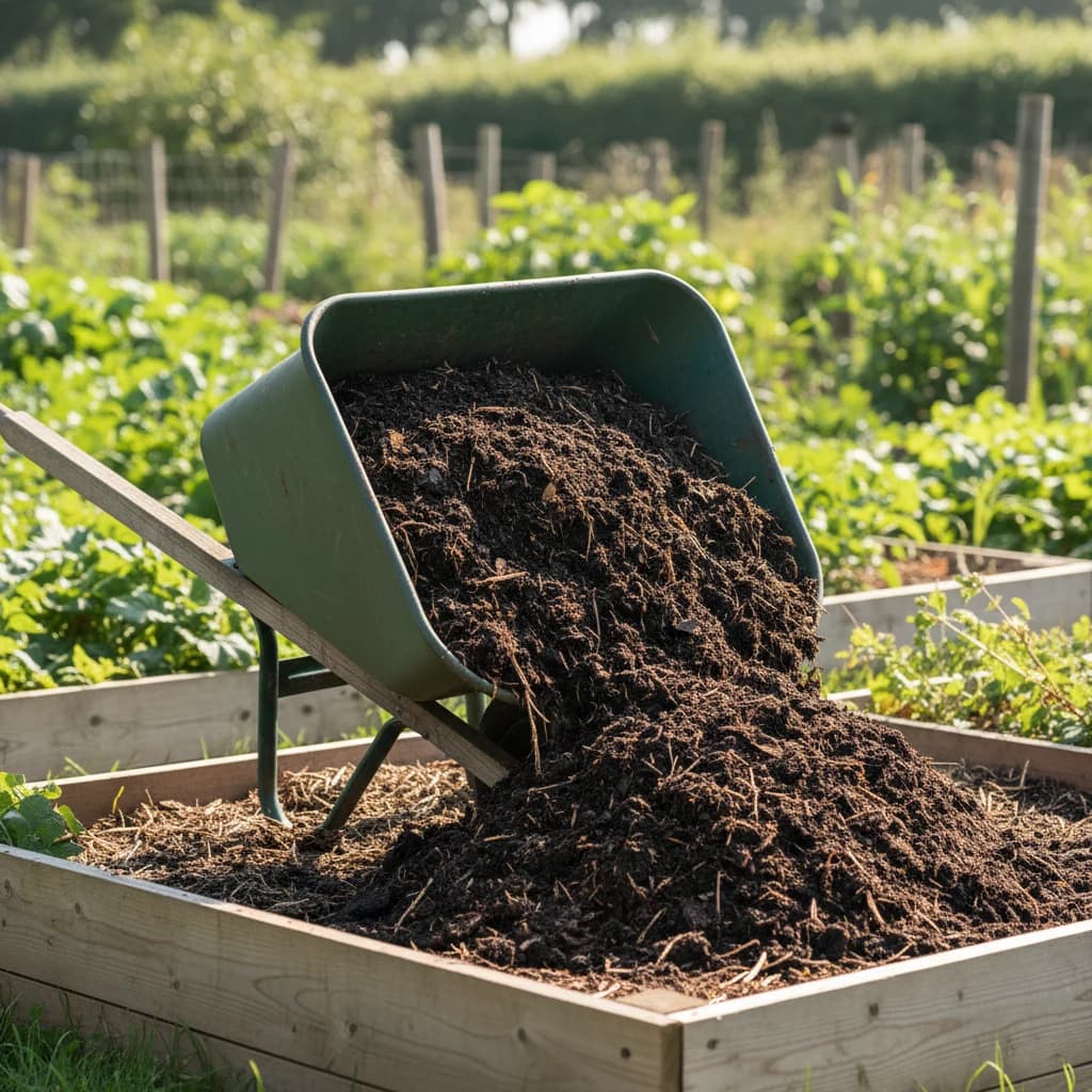 Une brouette de compost foncé et mûr qu'on étend sur une plate-bande