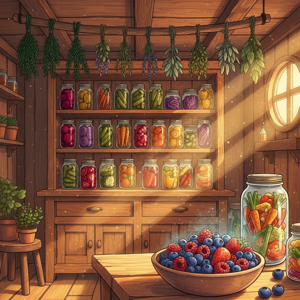 Preservation methods displayed: dried herbs hanging, frozen vegetables, and pickled produce