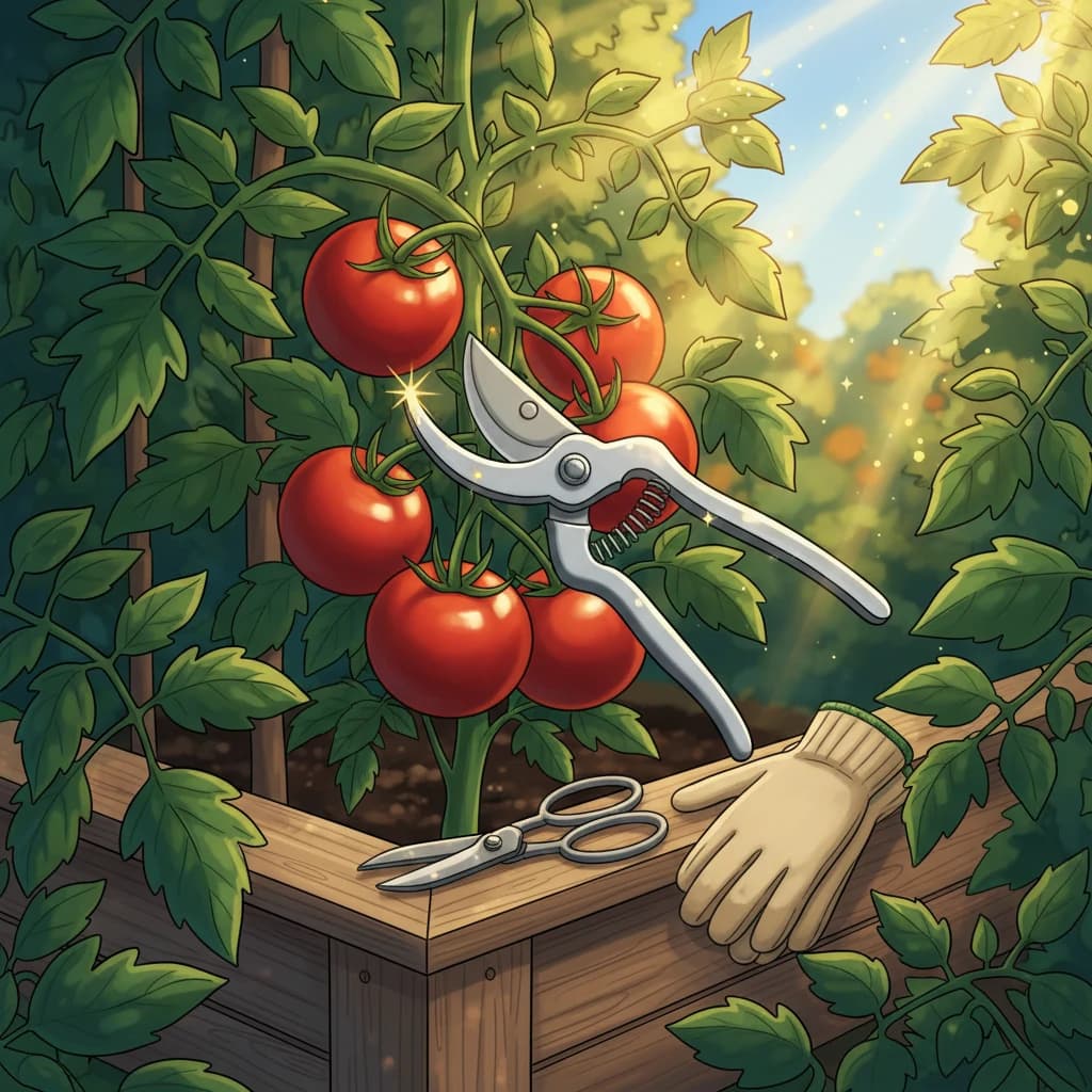 A pair of open garden pruners suspended next to a ripe tomato branch, ready to make a cut