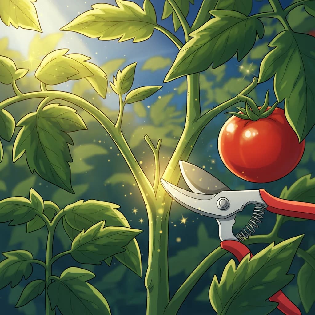 A close-up of a tomato V-junction with a sucker shoot visible and a pair of pruners poised to remove it