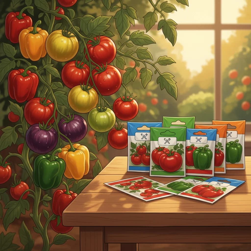 Different seed types — easy-to-save open pollinated varieties versus hybrid seed packets