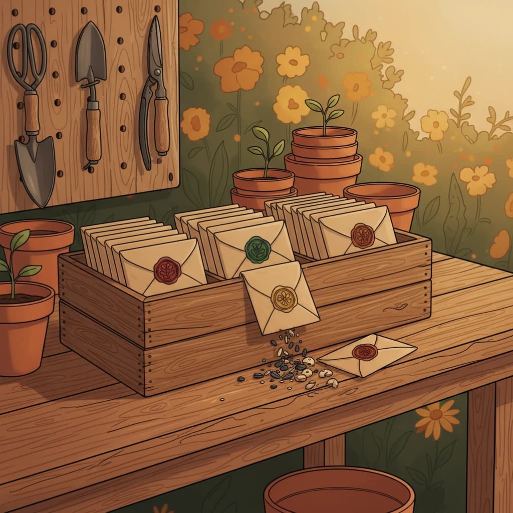 A collection of labeled seed envelopes organized in a wooden box — a personal seed library