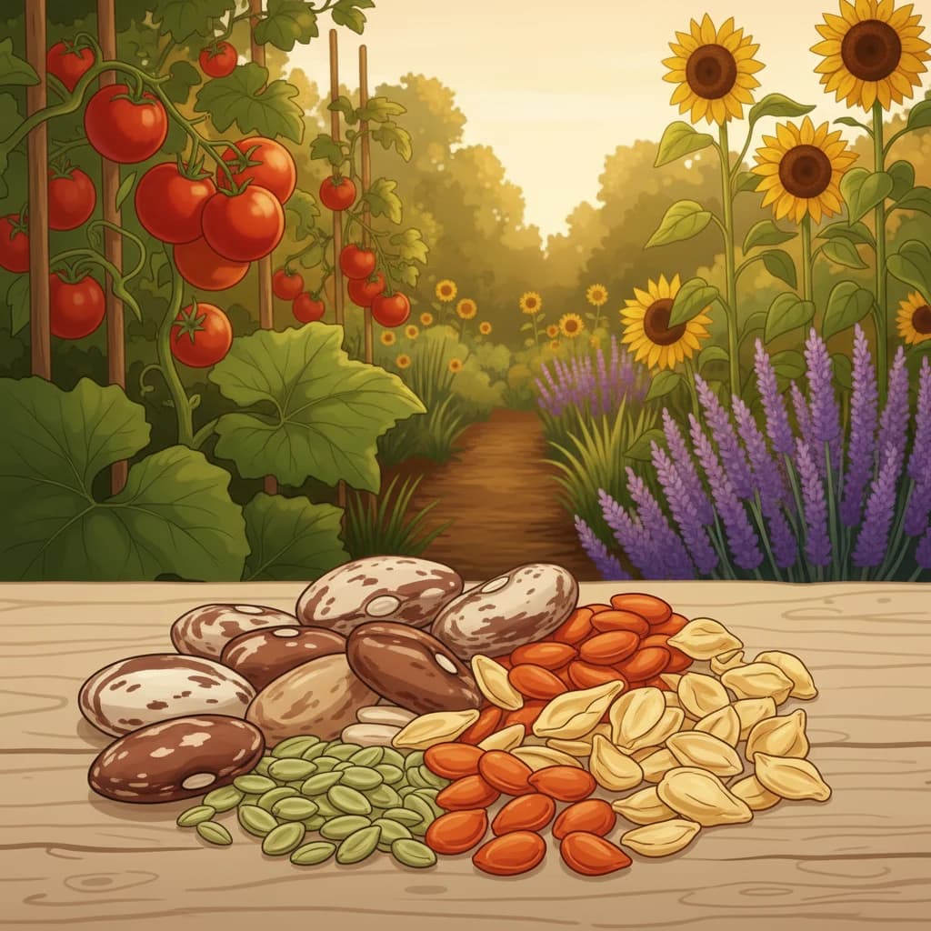 Seeds in a grower's hand with a thriving garden in the background: the full circle