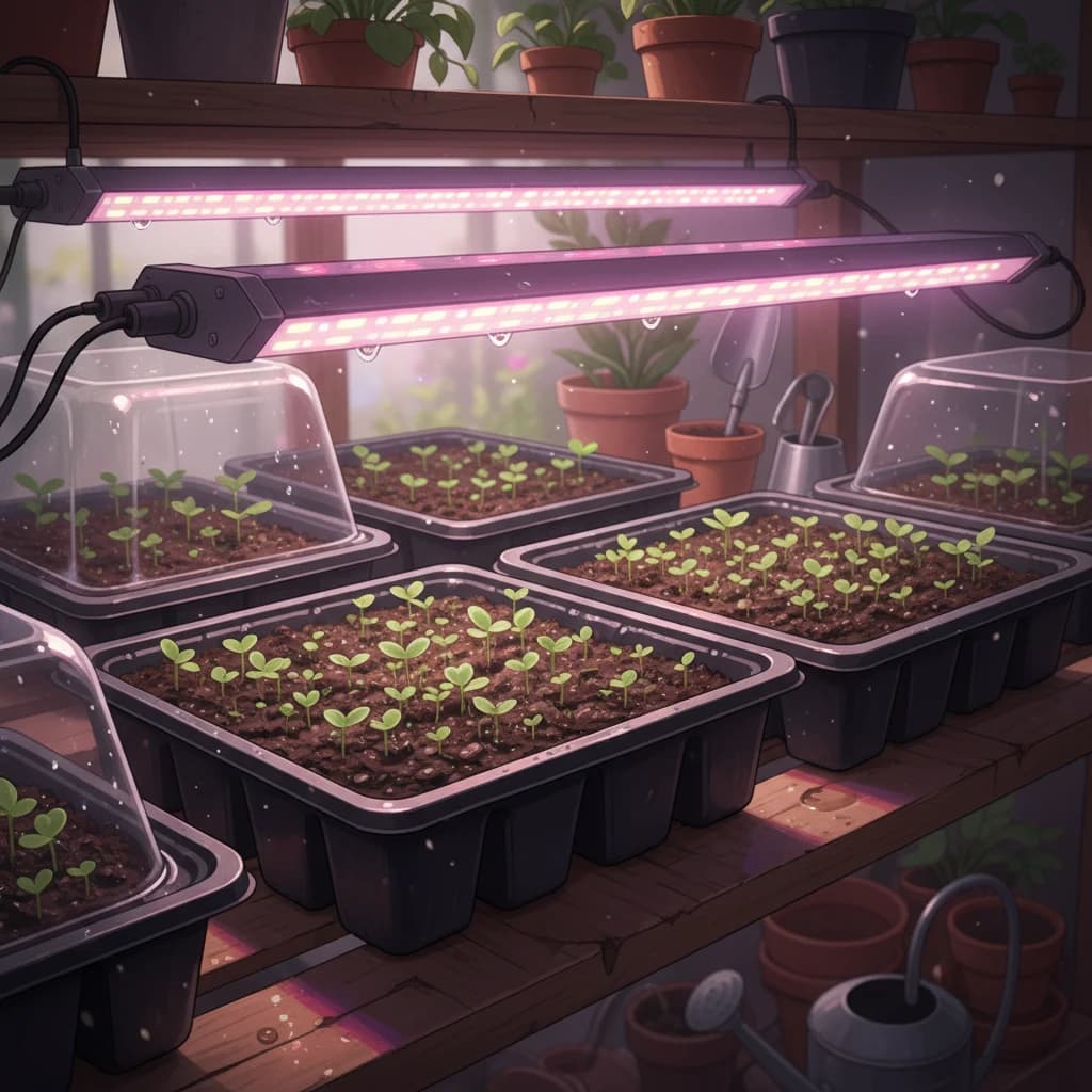 Seed starting trays under grow lights with tiny seedlings emerging from soil