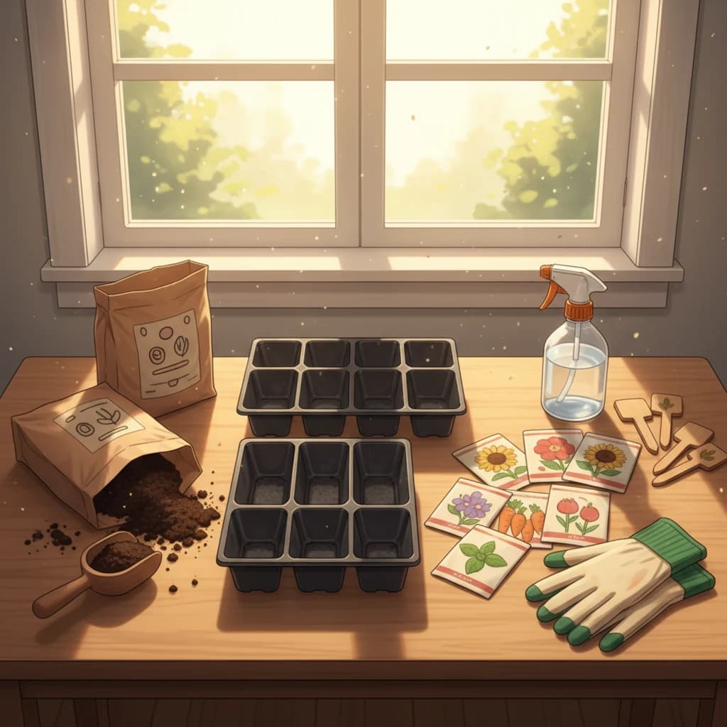 Seed starting supplies laid out on a table: trays, soil mix, seeds, spray bottle, and labels