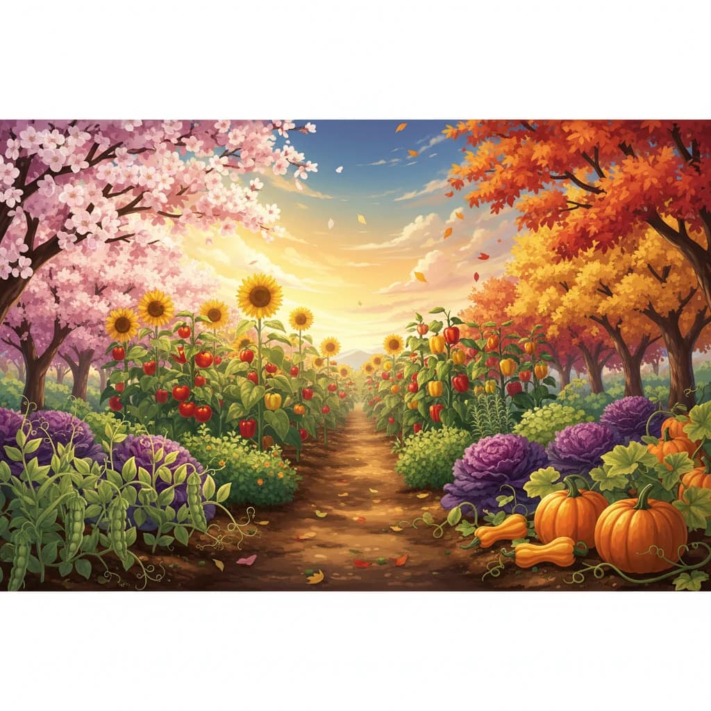 A garden flowing through the seasons: spring peas, summer tomatoes and sunflowers, fall kale and pumpkins