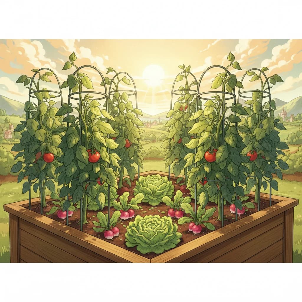 A garden bed showing interplanting: fast crops growing between slow crops