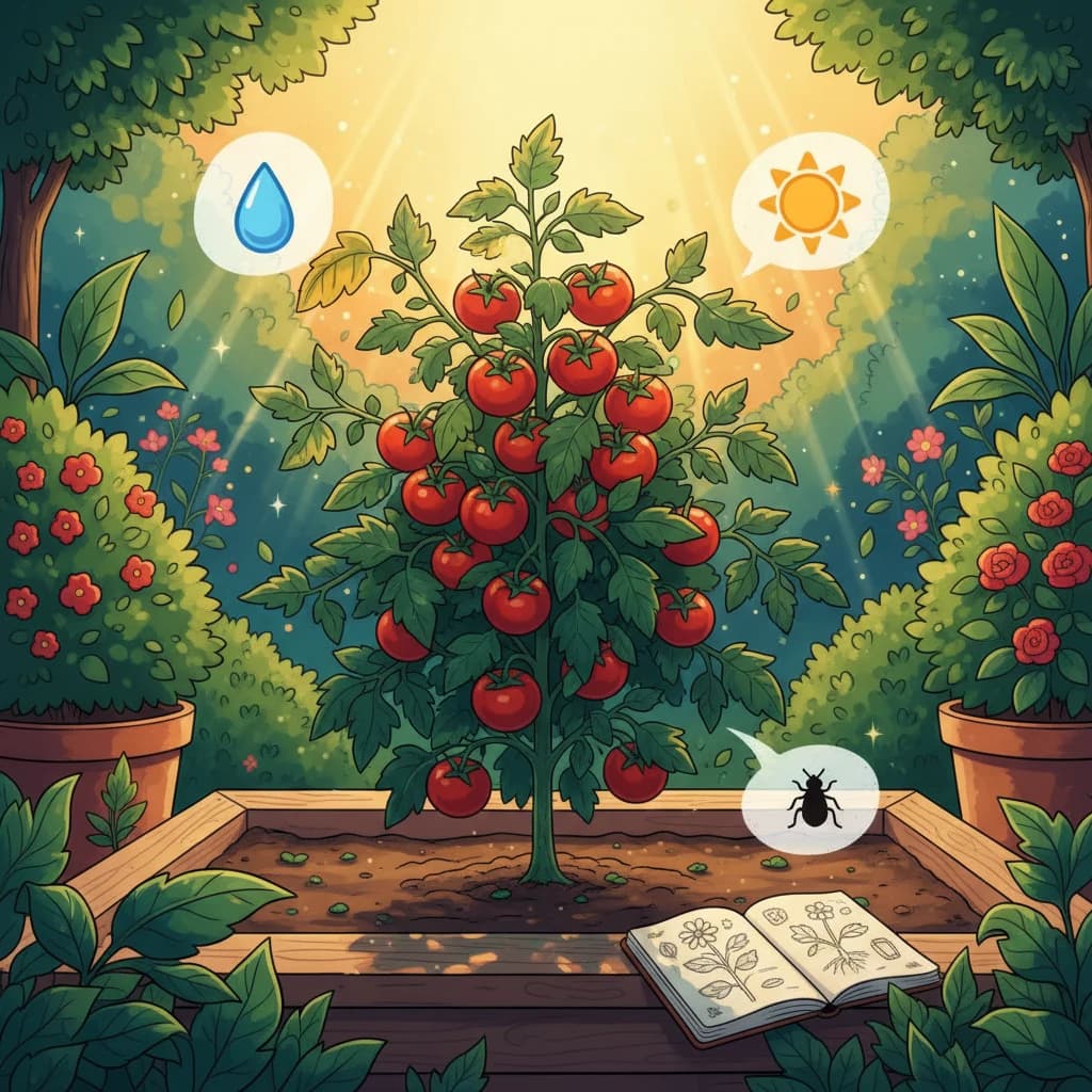 A single plant with floating symbolic bubbles — a water drop, a sun, and a tiny bug icon — showing how plants signal problems