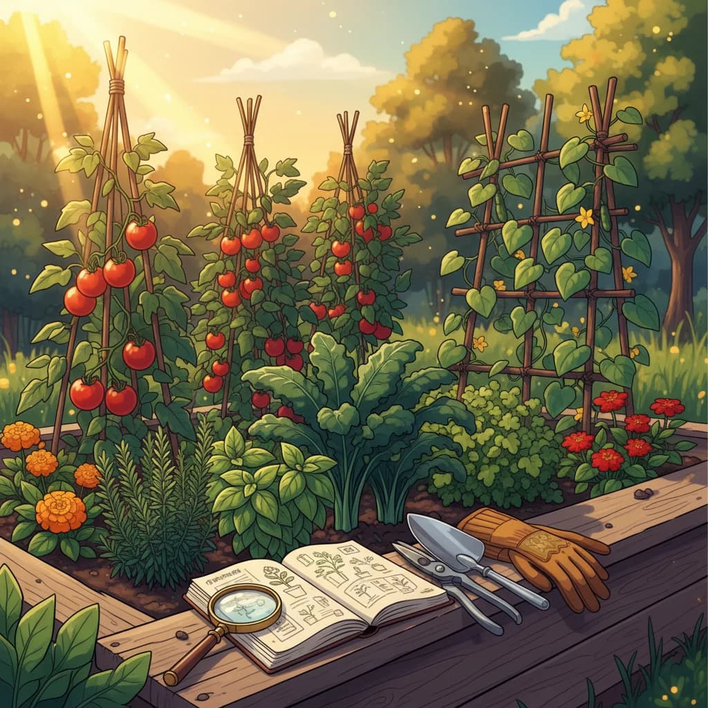 A thriving garden at golden hour with diagnostic tools — a journal, magnifying glass, pruners, and trowel — resting on the bed edge