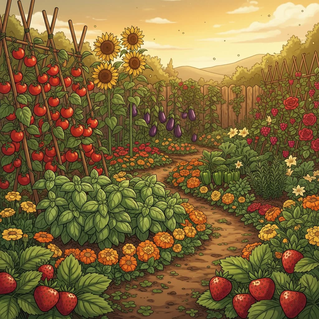 Overview of herbs, vegetables, flowers, and fruit growing together