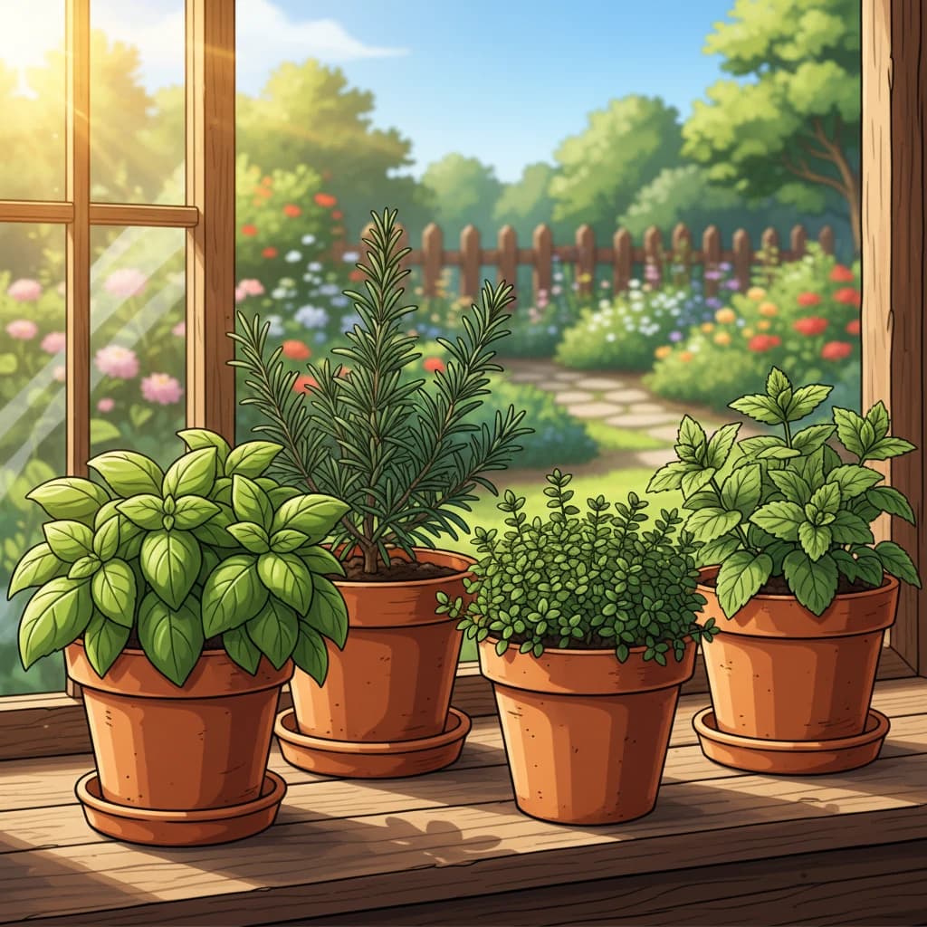 A collection of common herbs: basil, mint, rosemary, thyme