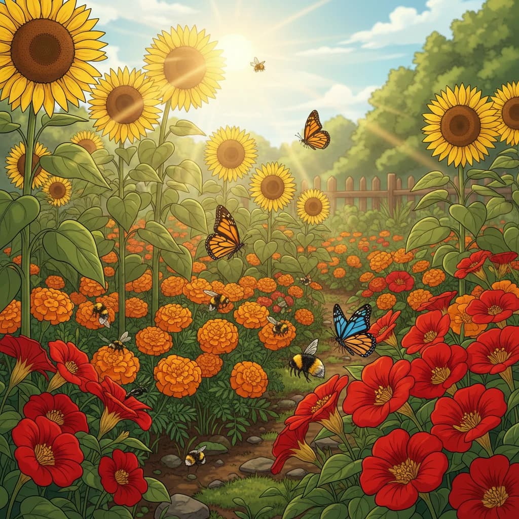 Pollinator-friendly flowers like sunflowers, marigolds, and nasturtiums