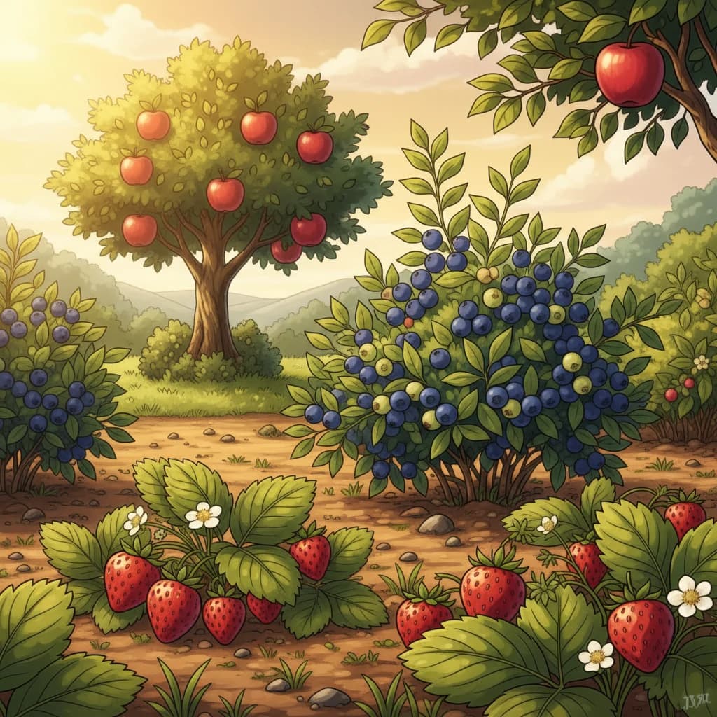 Fruit plants including strawberries, blueberries, and a small fruit tree