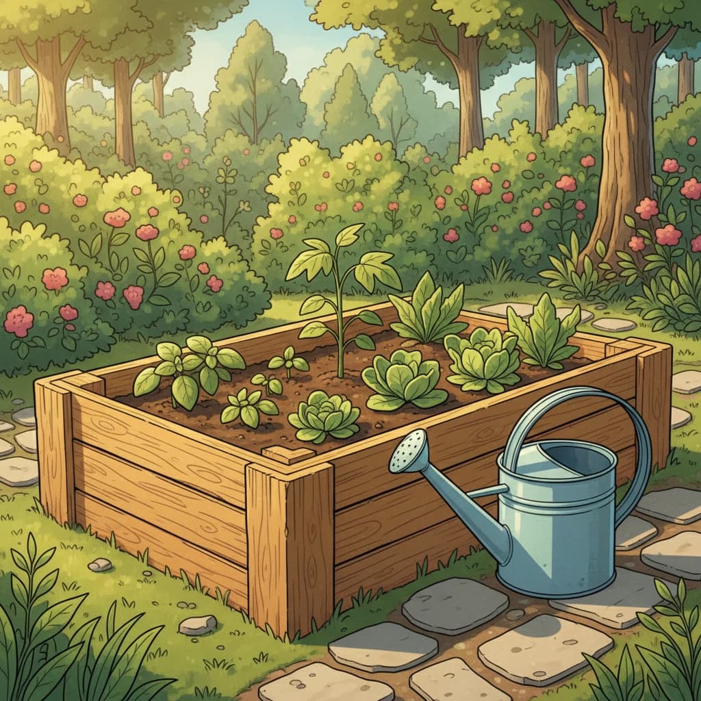 A beginner's first small garden with herbs and a few vegetables